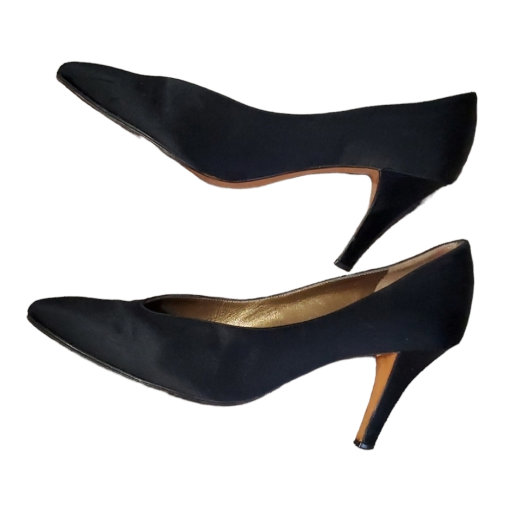 Yves saint laurent black satin heel pumps slipon shoes size 7.5M